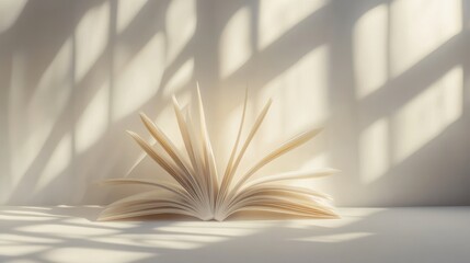 Open Book Surrounded by Soft Light and Shadows Creating a Serene Atmosphere, Symbols of Knowledge, Learning, and Imagination Emphasized Through Minimalist Design