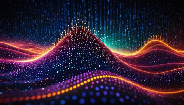 Data technology background with dots and binary code on 3D wave landscape