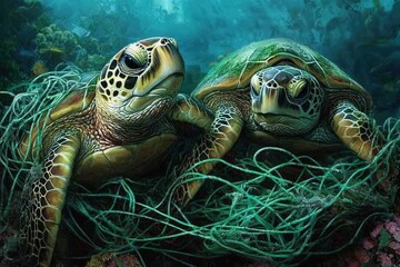 Fototapeta premium Two Sea Turtles Among Abundant Coral Reefs Surrounded by Colorful Marine Life and Entangled in Ocean Debris in a Vibrant Undersea Environment