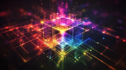 Obraz premium Quantum computing concept with geometric holograms and dynamic, multicolored light projections in a dark room