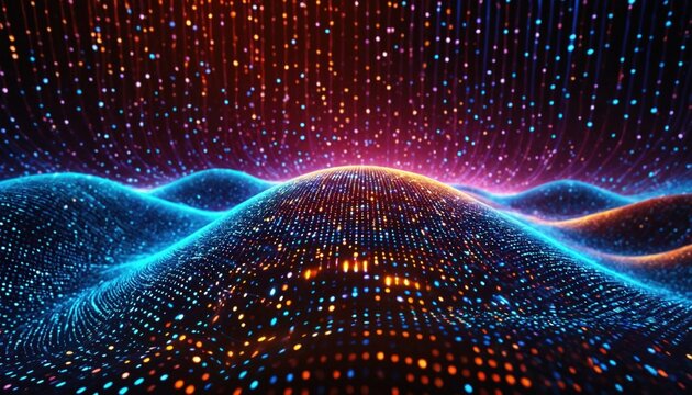 Data technology background with dots and binary code on 3D wave landscape