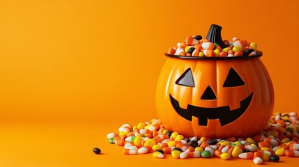 Fototapeta premium Colorful Halloween pumpkin filled with candy on a bright orange background