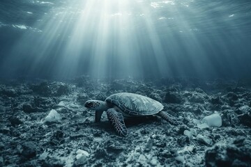 Obraz premium Underwater Scene Featuring a Majestic Sea Turtle Gliding Along the Ocean Floor Surrounded by Rays of Sunlight and Litter in a Tranquil Marine Environment