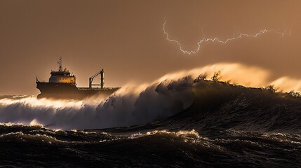 Fototapeta premium Powerful Ship Navigating Stormy Seas at Sunrise
