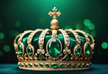 Fototapeta premium emerald color background with bokeh lights, with a majestic crown in the foreground