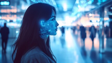 Female profile with digital interface overlay in futuristic urban setting