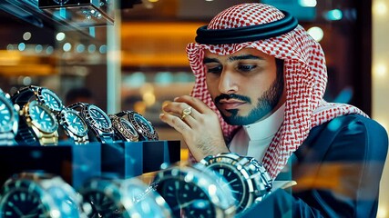 Adult Arab man examines luxury watches store.Customer contemplates various timepiece models.Shopper focuses selecting wristwatch.Individual scrutinizes high-end accessories.Purchaser reflects buying