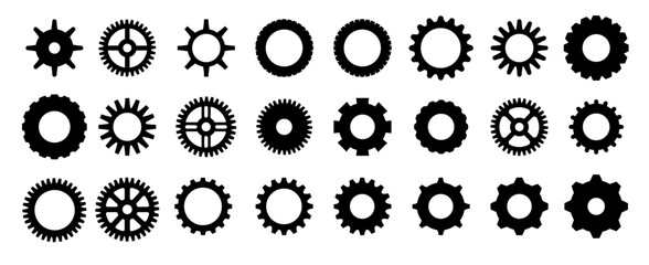 Gears shapes line icons. Flat machine gear icon. Wheel cogwheel vector. Simple outline isolated elements. Black gear.