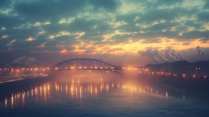 Naklejka premium Misty sunrise over city bridge and river.