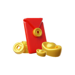 Chinese golden ingot and coins, red envelope 3D vector render composition, Asian traditional lucky fortune symbols
