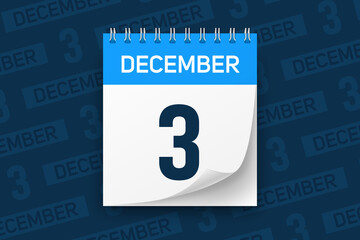 Calendar page with date December 3 vector illustration background
