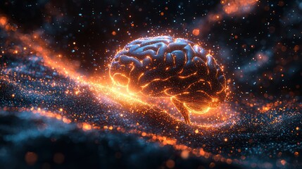 Fototapeta premium A glowing AI brain connecting to a human brain via light beams, symbolizing harmony and collaboration between humans and artificial intelligence.