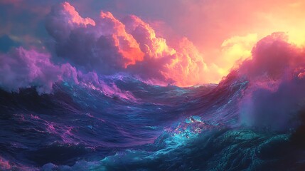 Fototapeta premium Vibrant Ocean Waves Under a Sunset Sky