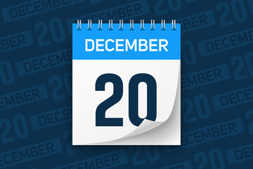 Calendar page with date December 20 vector illustration background