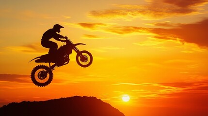 Rider performs an impressive jump on a dirt bike at sunset over hills