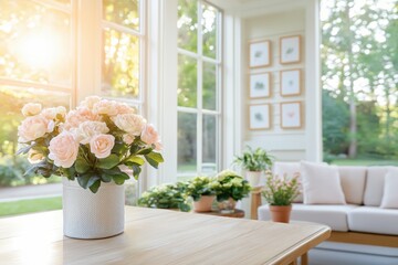 A sunlit, cozy interior with a light wooden table in the foreground, holding a vase of pink tulips. The airy living room in the background features large windows and lush greenery
