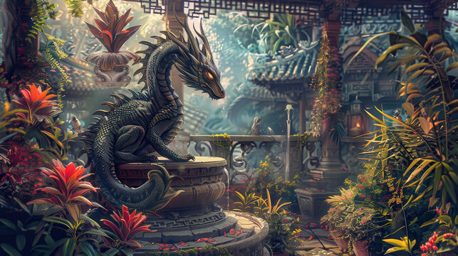 Serene Dragon on an Intricately Carved Stone Podium in a Magical Garden, A dragon&rsquo;s glowing eyes shine with wisdom as it sits on a stone podium surrounded by exotic plants.
