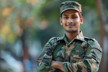 Proud Indian soldier in uniform with arms crossed.