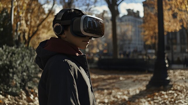 A young boy of Asian descent explores virtual reality in a park, surrounded by autumn leaves and warm sunlight.