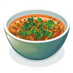 A bowl of hearty vegetable soup with lentils and kale, isolated white background, pop art style