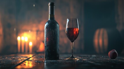 Red wine bottle and glass on rustic wooden table in cellar.
