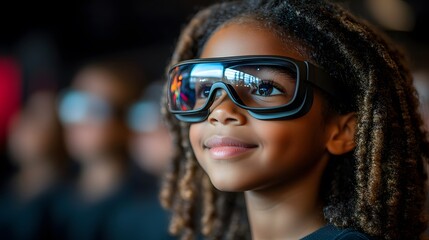 Children wearing futuristic goggles smiling during an interactive learning session