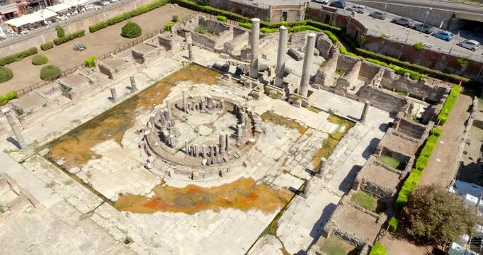 Aerial view the Macellum of Pozzuoli, near Naples, Italy. It was market building of the Roman colony of Puteoli. It was mistakenly known as the Temple of Serapis.