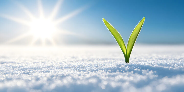 A single sprout emerges from the snow, bathed in bright sunlight.  A symbol of resilience and new beginnings.