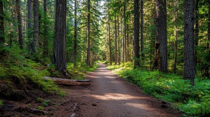 Fototapeta premium Sunlit path through lush, mossy forest.