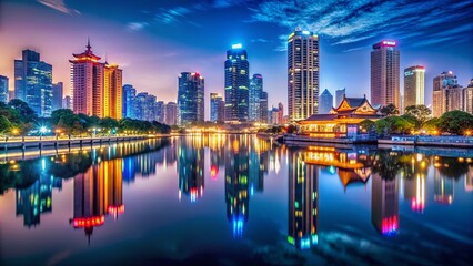 Naklejka premium Night Lights Illuminate Sanjiangkou City Skyline, Ningbo, Zhejiang, China
