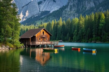 Fototapeta premium Wooden House and Boats on Pragser Wildsee Lake