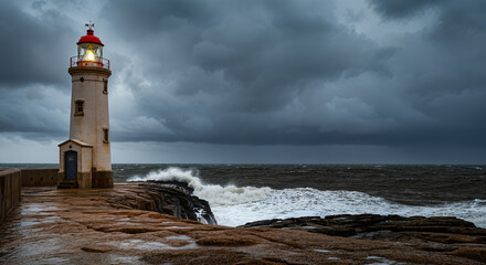 Obraz premium White lighthouse guiding ships during a stormy sea with dramatic waves crashing on the rocks