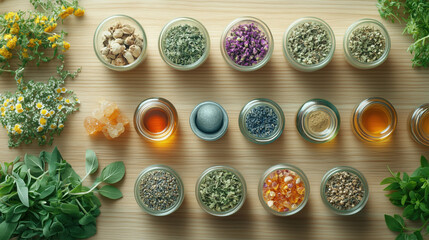 Overhead Shot of Dried Herbs, Essential Oils, and Mortar and Pestle on Natural Wooden Surface for Traditional Wellness Practices
