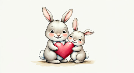 Obraz premium Two adorable rabbits embracing a red heart, symbolizing love, affection, and togetherness