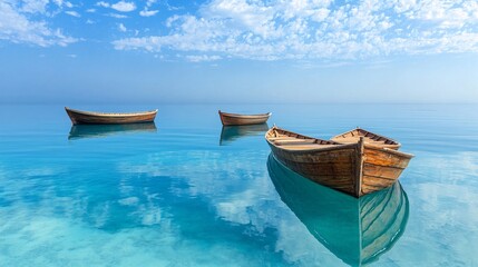 Naklejka premium Wooden boats floating peacefully on calm blue waters under a clear sky