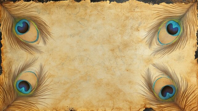 Vintage peacock feather border on aged parchment