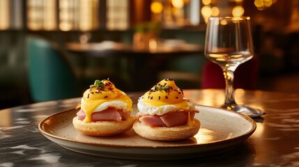 Delicious eggs benedict featuring poached eggs and ham, served on a stylish plate in an elegant restaurant setting.