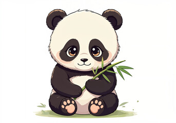 Fototapeta premium Cute cartoon baby panda sitting and holding a bamboo branch, perfect for children's designs