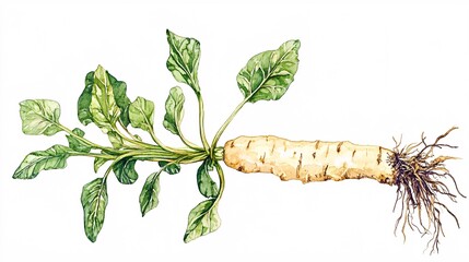 A detailed illustration of a horseradish plant, showcasing its white root and vibrant green leaves.