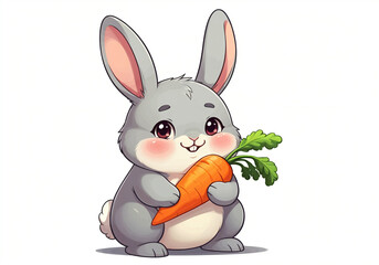 Obraz premium Cute cartoon bunny holding a big orange carrot, perfect for children's designs