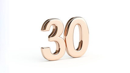 Pale golden number 30, glossy and shiny 3D rendered metallic number shape isolated on white background