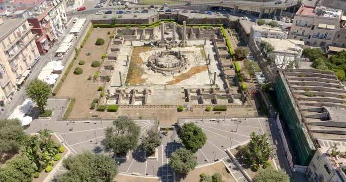 Aerial view the Macellum of Pozzuoli, near Naples, Italy. It was market building of the Roman colony of Puteoli. It was mistakenly known as the Temple of Serapis.