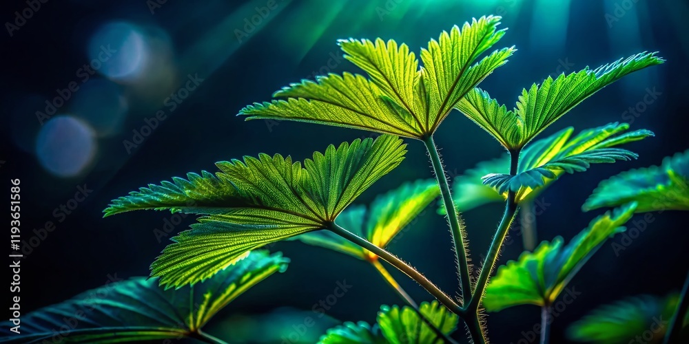 Wall mural Night Photography: Illuminated Long-Leafed Plant, Close-up Detail