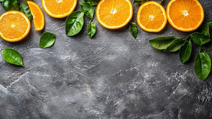 Fresh orange slices and green leaves arranged on a textured dark surface