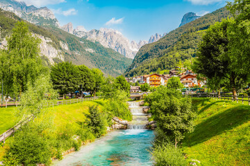 Molveno town and Molveno lake, an alpine lake in Trentino, Italy