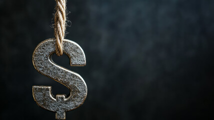 Obraz premium Hanging dollar sign on a rope with a dark background.