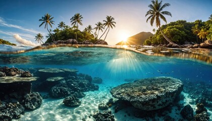Obraz premium Underwater scene of a tropical island at sunset, with rocks and palm trees