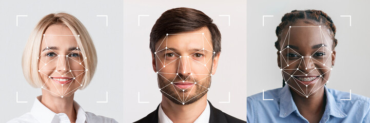 This collage features three individuals with distinct facial features, highlighting advancements in facial identification technology.