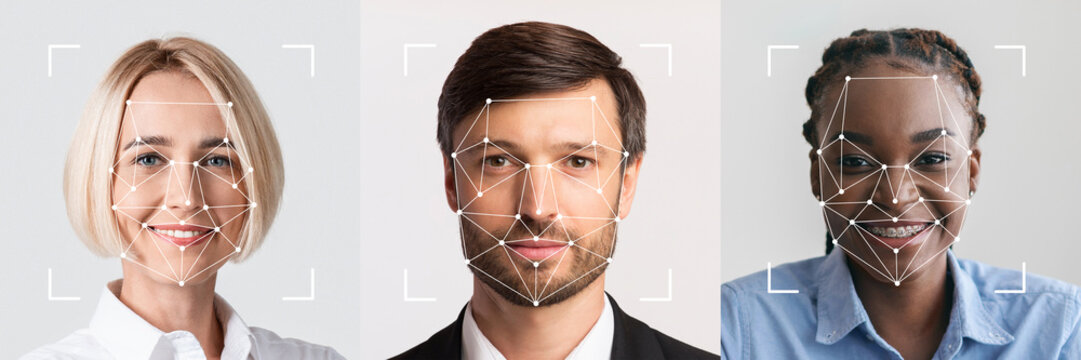 This collage features three individuals with distinct facial features, highlighting advancements in facial identification technology.