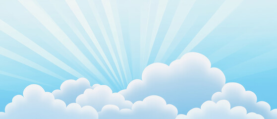 Heavenly sky with soft clouds and radiant sun rays illuminating the blue background